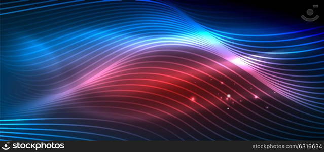 Glowing abstract wave on dark, shiny motion. Glowing abstract wave on dark, shiny motion, magic space light. Vector techno abstract background, blue and red colors