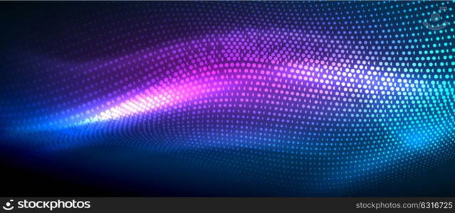 Glowing abstract wave on dark, shiny motion. Glowing abstract wave on dark, shiny motion, magic space light. Vector techno abstract background. Blue and purple colors