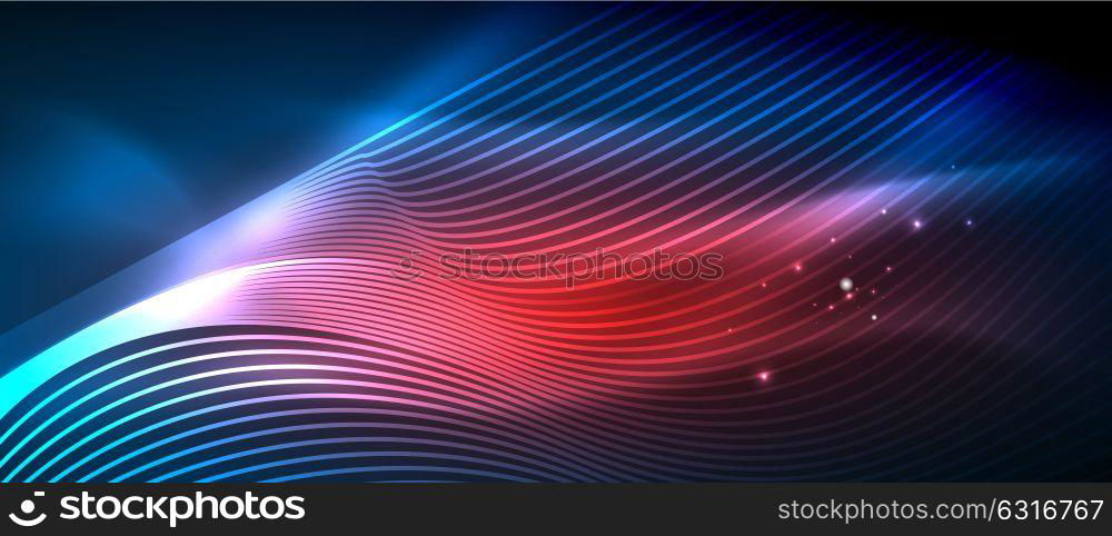 Glowing abstract wave on dark, shiny motion. Glowing abstract wave on dark, shiny motion, magic space light. Vector techno abstract background, blue and red colors