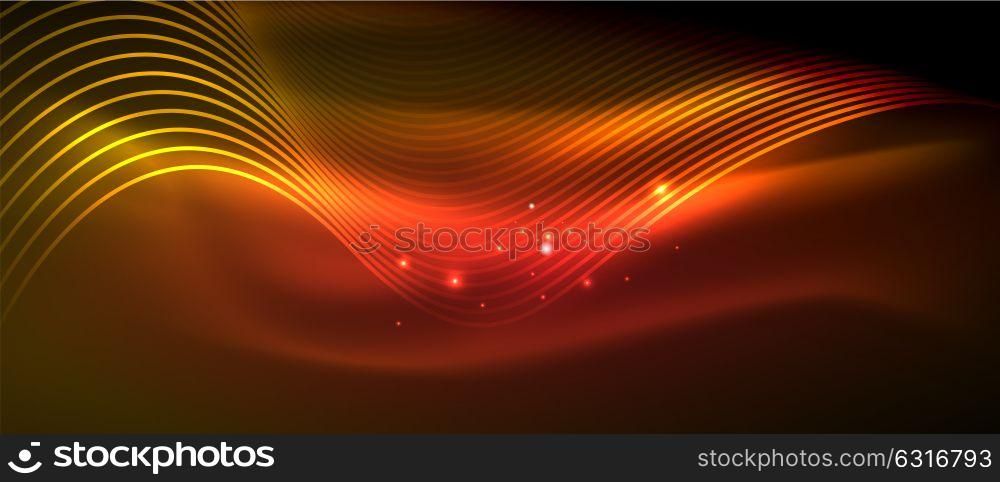 Glowing abstract wave on dark, shiny motion. Glowing abstract wave on dark, shiny motion, magic space light. Vector techno abstract background, red and orange colors