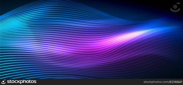 Glowing abstract wave on dark, shiny motion. Glowing abstract wave on dark, shiny motion, magic space light. Vector techno abstract background. Blue and purple colors