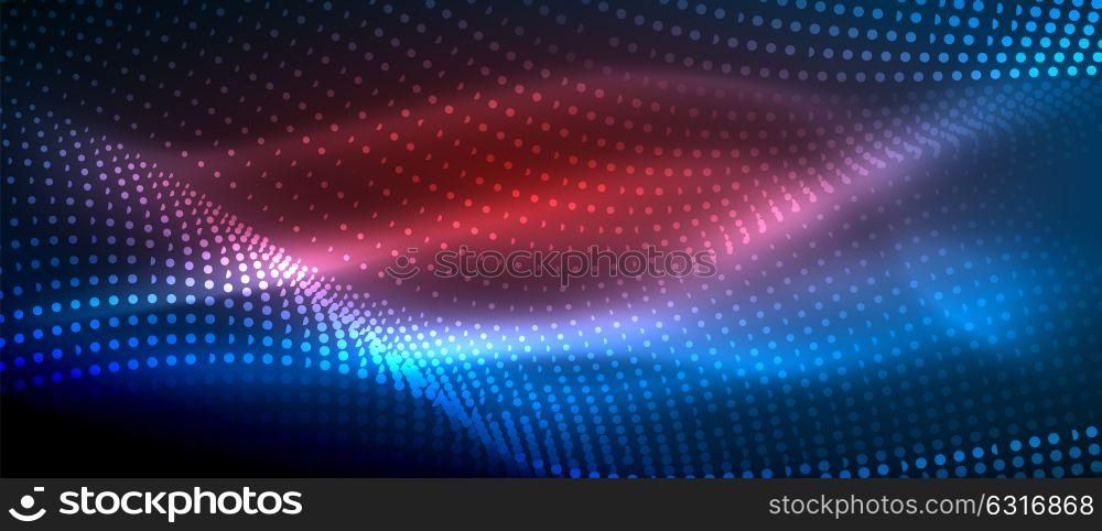 Glowing abstract wave on dark, shiny motion. Glowing abstract wave on dark, shiny motion, magic space light. Vector techno abstract background, blue and red colors