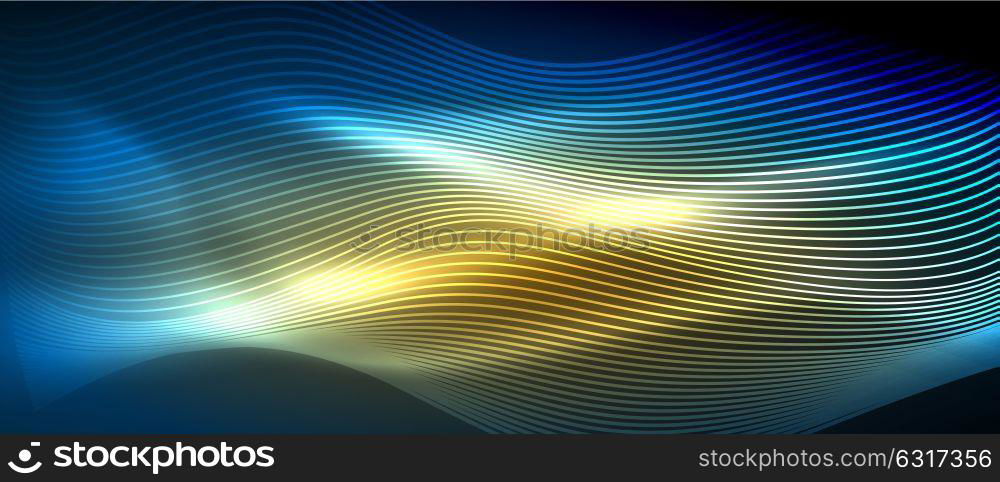 Glowing abstract wave on dark, shiny motion. Glowing abstract wave on dark, shiny motion, magic space light. Vector techno abstract background, blue and yellow colors