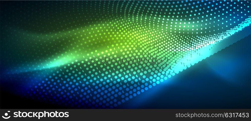 Glowing abstract wave on dark, shiny motion. Glowing abstract wave on dark, shiny motion, magic space light. Vector techno abstract background, green and blue colors