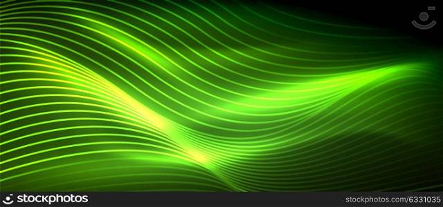 Glowing abstract wave on dark, shiny motion. Glowing abstract wave on dark, shiny motion, magic space light. Vector techno abstract background, green color