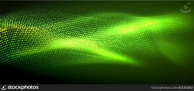 Glowing abstract wave on dark, shiny motion. Glowing abstract wave on dark, shiny motion, magic space light. Vector techno abstract background, green color