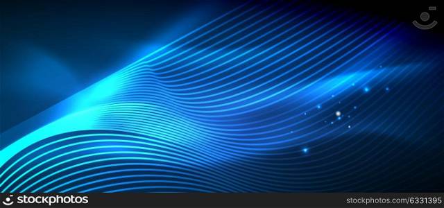 Glowing abstract wave on dark, shiny motion. Glowing abstract wave on dark, shiny motion, magic space light. Vector techno abstract background, blue color