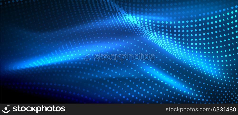 Glowing abstract wave on dark, shiny motion. Glowing abstract wave on dark, shiny motion, magic space light. Vector techno abstract background, blue color