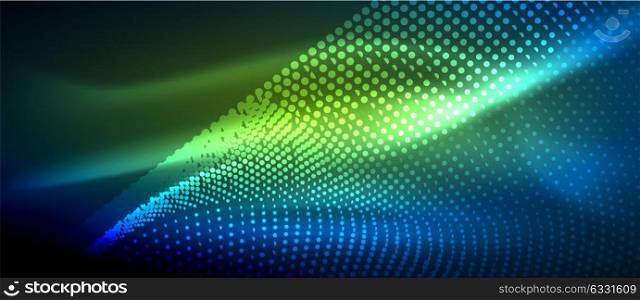 Glowing abstract wave on dark, shiny motion. Glowing abstract wave on dark, shiny motion, magic space light. Vector techno abstract background, green and blue colors