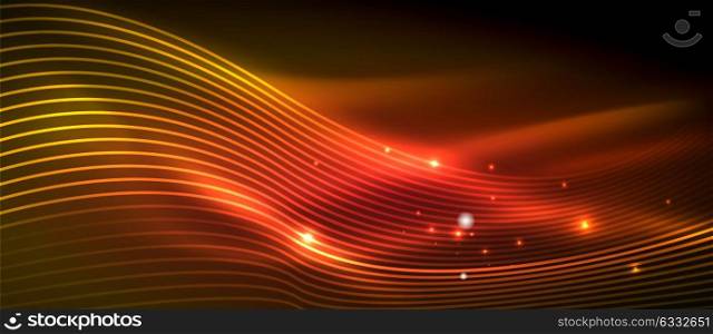 Glowing abstract wave on dark, shiny motion. Glowing abstract wave on dark, shiny motion, magic space light. Vector techno abstract background, red and orange colors