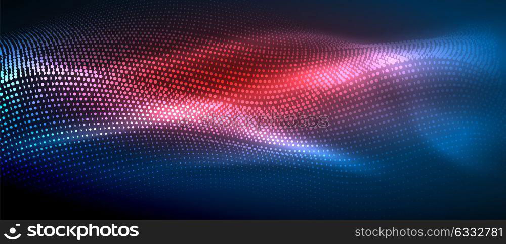 Glowing abstract wave on dark, shiny motion. Glowing abstract wave on dark, shiny motion, magic space light. Vector techno abstract background, blue and red colors