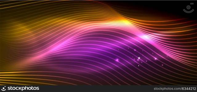 Glowing abstract wave on dark, shiny motion. Glowing abstract wave on dark, shiny motion, magic space light. Vector techno abstract background