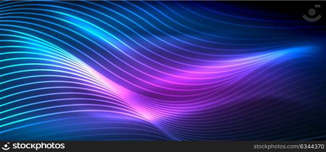 Glowing abstract wave on dark, shiny motion. Glowing abstract wave on dark, shiny motion, magic space light. Vector techno abstract background. Blue and purple colors