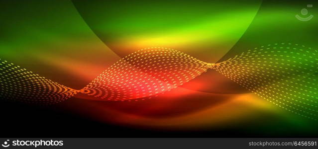 Glowing abstract wave on dark, shiny motion, magic space light. Techno abstract background. Glowing abstract wave on dark, shiny motion, magic space light. Vector techno abstract background