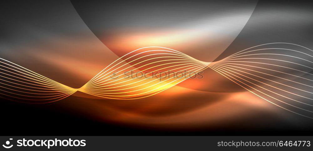 Glowing abstract wave on dark, shiny motion, magic space light. Techno abstract background. Glowing abstract wave on dark, shiny motion, magic space light. Vector techno abstract background