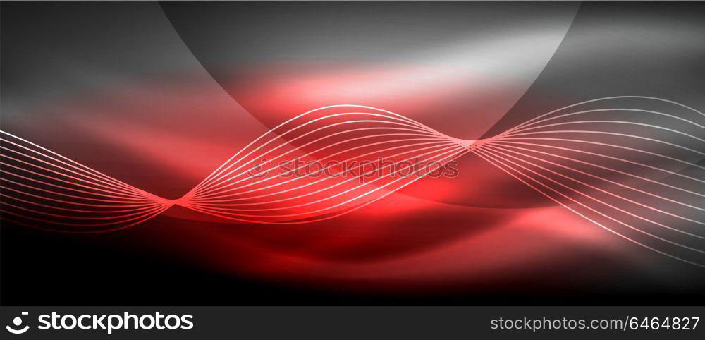 Glowing abstract wave on dark, shiny motion, magic space light. Techno abstract background. Glowing abstract wave on dark, shiny motion, magic space light. Vector techno abstract background