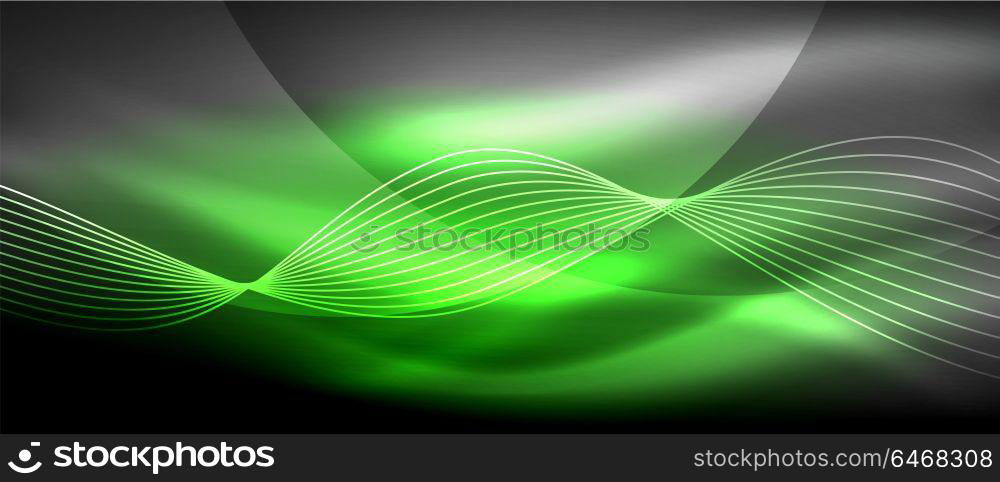 Glowing abstract wave on dark, shiny motion, magic space light. Techno abstract background. Glowing abstract wave on dark, shiny motion, magic space light. Vector techno abstract background