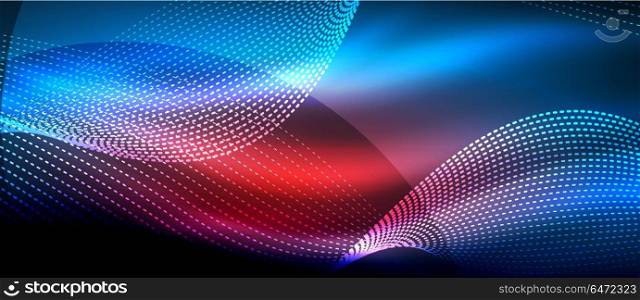 Glowing abstract wave on dark, shiny motion, magic space light. Techno abstract background. Glowing abstract wave on dark, shiny motion, magic space light. Vector techno abstract background