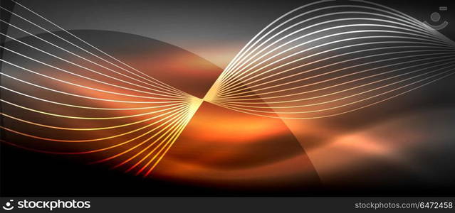 Glowing abstract wave on dark, shiny motion, magic space light. Techno abstract background. Glowing abstract wave on dark, shiny motion, magic space light. Vector techno abstract background