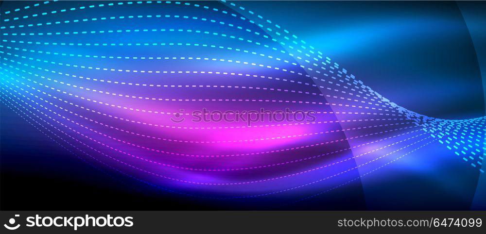 Glowing abstract wave on dark, shiny motion, magic space light. Techno abstract background. Glowing abstract wave on dark, shiny motion, magic space light. Vector techno abstract background