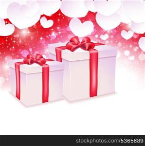 Glowing background with paper hearts and two gift box