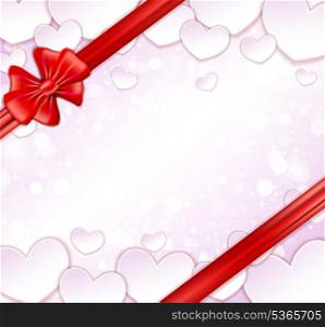 Glowing background with paper hearts, bow, ribbons and empty space for your text