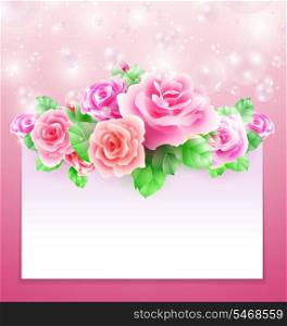 Glowing background with roses bubbles and paper banner