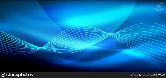 Glowing blue abstract wave on dark, shiny motion, magic space light. Techno abstract background. Glowing blue abstract wave on dark, shiny motion, magic space light. Vector techno abstract background