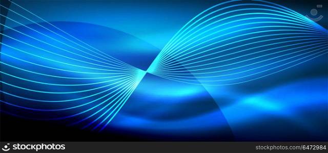 Glowing blue abstract wave on dark, shiny motion, magic space light. Techno abstract background. Glowing blue abstract wave on dark, shiny motion, magic space light. Vector techno abstract background