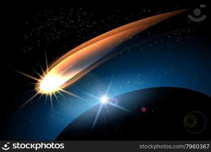 Glowing comet in space and planet surface. Colorful illustration.
