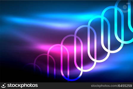 Glowing ellipses dark background, waves and swirl, neon light effect, shiny vector magic effects. Glowing ellipses dark background, waves and swirl, neon light effect, shiny magic effects. Vector illustration