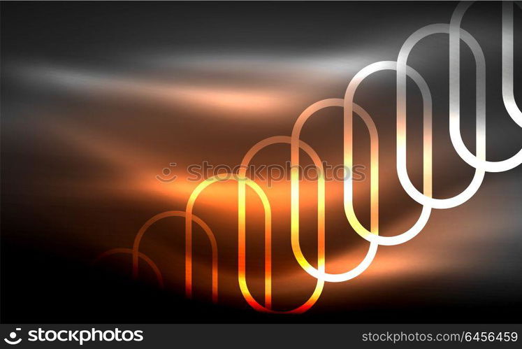 Glowing ellipses dark background, waves and swirl, neon light effect, shiny vector magic effects. Glowing ellipses dark background, waves and swirl, neon light effect, shiny magic effects. Vector illustration