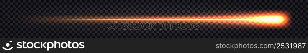 Glowing fire flying trail, glowing light effect. Electric thunder bolt. flash shock and shiny ray line tail. Isolated design element on dark transparent background. Vector illustration