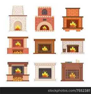 Glowing fireplace from stone, brick and wooden vector. Designer chimney with burning woods and logs on floor. Decorated grate with logs for interior. Fireplace from Stone, Brick and Wooden Vector