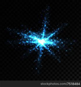 Glowing flash of light. Vector shining star rays. Blue glitter particles explosion. Glittering sparkles burst effect on transparent background. Glowing flash of light. Vector shining star rays
