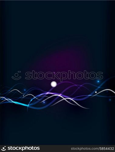 Glowing flowing waves and stars in dark space. Glowing flowing waves and stars in dark space. Vector illustration. Abstract background