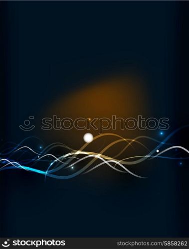 Glowing flowing waves and stars in dark space. Glowing flowing waves and stars in dark space. Vector illustration. Abstract background