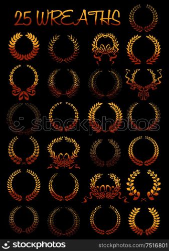 Glowing golden laurel wreaths heraldic elements composed of gold branches tied with twisted ribbons and bows. Heraldry and coat of arms, sporting achievement award and anniversary, certificate design usage . Golden laurel wreaths with ribbons