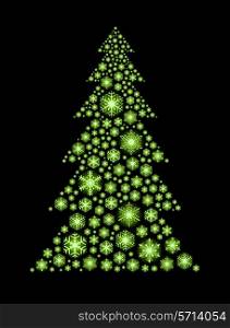 Glowing green snowflakes in the shape of Christmas tree.