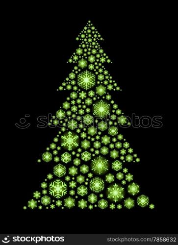 Glowing green snowflakes in the shape of Christmas tree.