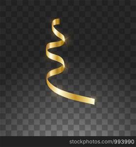 Glowing hanging curl serpentine. Golden yellow metallic color New Year Christmas decoration design element gold streamer isolated on transparent background vector.. Glowing hanging curl serpentine. Golden yellow metallic color New Year Christmas decoration design element gold streamer isolated on transparent background. Vector illustration