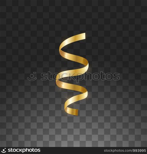 Glowing hanging curl serpentine. Golden yellow metallic color New Year Christmas decoration design element gold streamer isolated on transparent background vector.. Glowing hanging curl serpentine. Golden yellow metallic color New Year Christmas decoration design element gold streamer isolated on transparent background. Vector illustration
