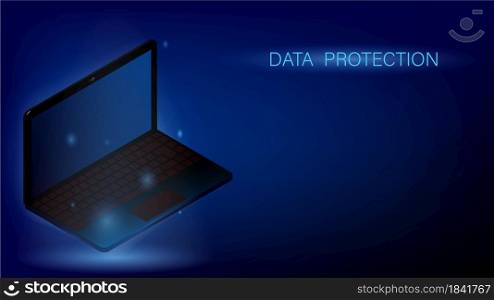 Glowing laptop floating in the air. Online concept, protection of personal data on the network. Information Security. Dark blue banner, template. Vector