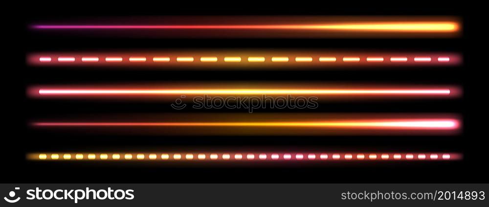 Glowing laser beam, colorful gradient neon stick, fluorescent LED light effect, dynamic shiny line tubes. Isolated on black background. Vector illustration
