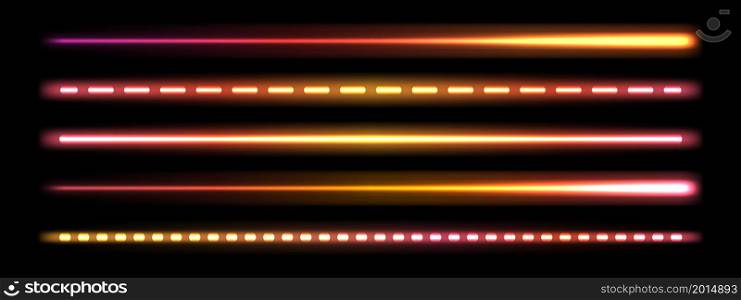 Glowing laser beam, colorful gradient neon stick, fluorescent LED light effect, dynamic shiny line tubes. Isolated on black background. Vector illustration