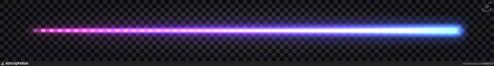 Glowing laser beam, neon stick with light thunder bolt effect. Purple to blue gradient, electric impulse dynamic line. Techno futuristic energy ray, isolated element. Vector illustration