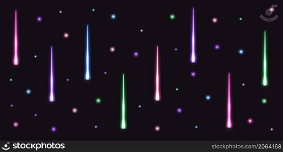Glowing laser beams, flying neon sticks, Christmas confetti, light shine effect. Iridescent spectrum colorful ray lines and sparkles on dark background. Vector illustration