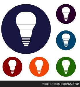 Glowing LED bulb icons set in flat circle reb, blue and green color for web. Glowing LED bulb icons set