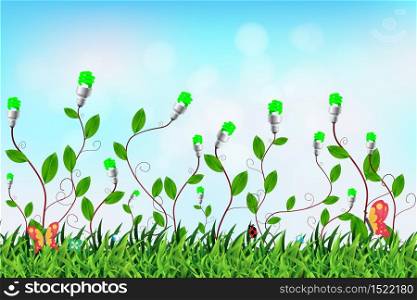Glowing light bulb on grass of ecological energy, Vector illustration modern template design