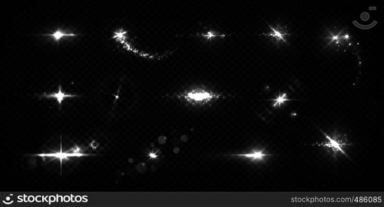Glowing light effects. Realistic flashes and sparks, star shine and sunburst isolated transparent set. Vector shiny light white flash. Glowing light effects. Realistic flashes and sparks, star shine and sunburst isolated transparent set. Vector shiny light flash